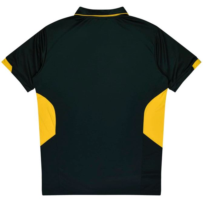 A dark green polo shirt with yellow accents on the sides and a collar. Includes a branding logo.