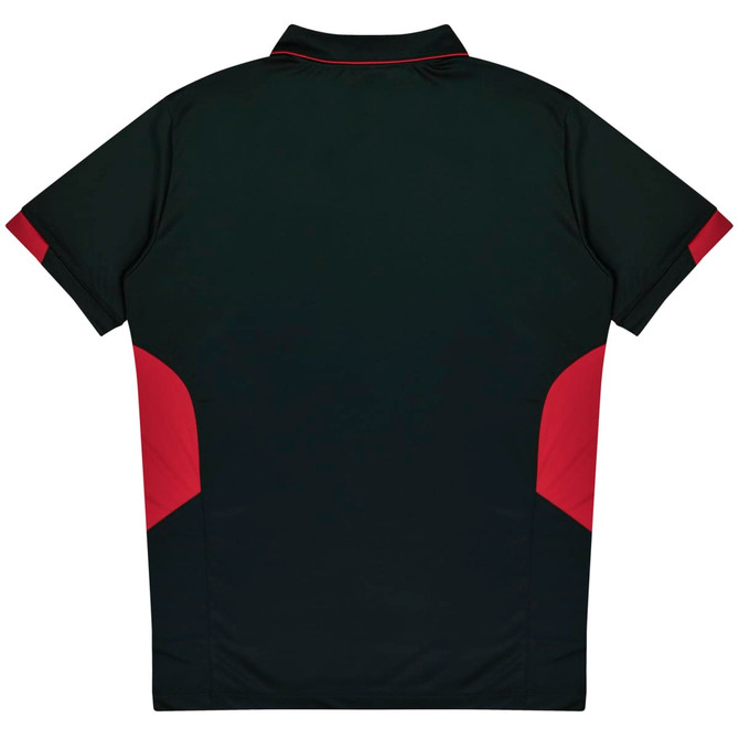 A dark green polo shirt with red accents on the sides and a collar, featuring a logo.