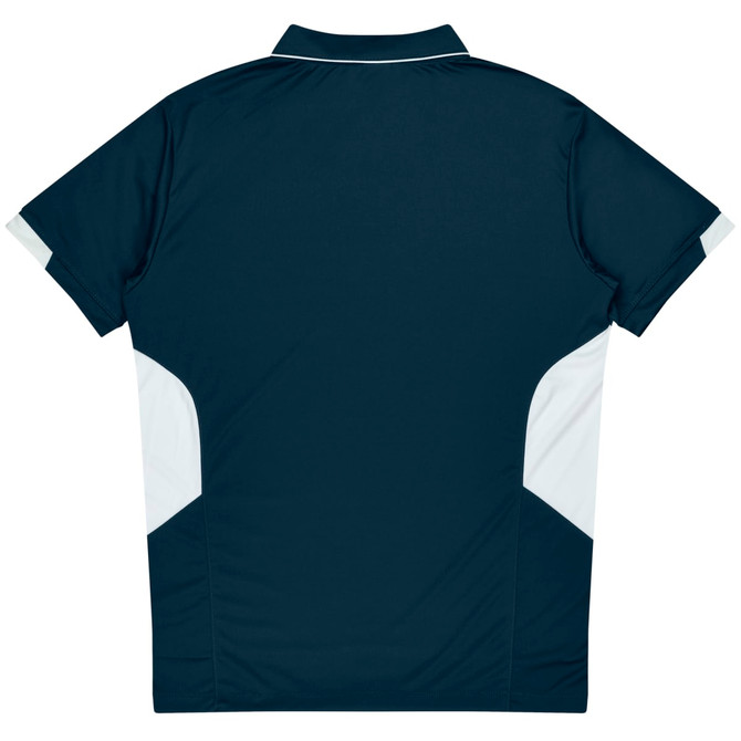 A dark navy polo shirt with white side panels and a logo on the chest area.