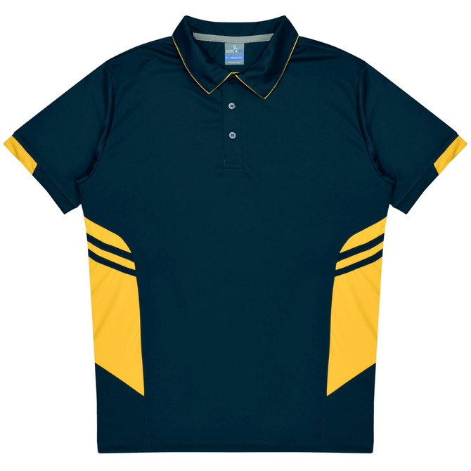 Navy blue polo shirt featuring yellow accents and stripes, with a collar and button placket. Includes a logo.