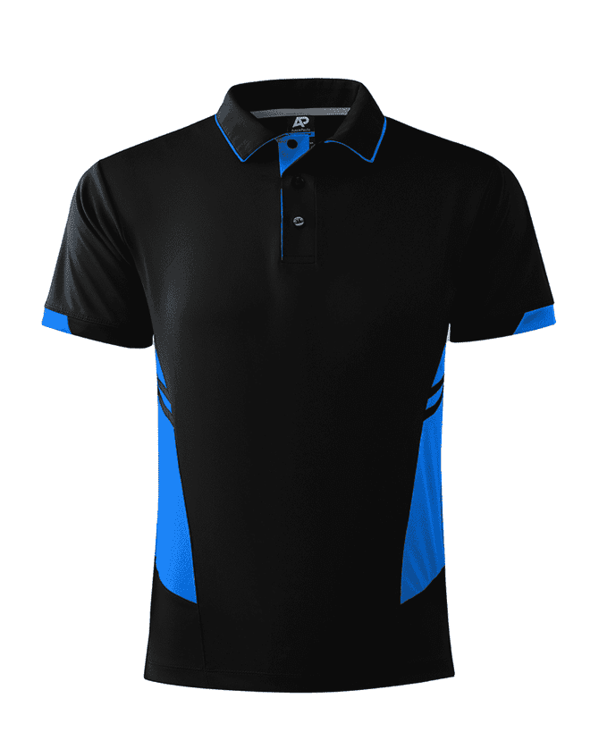 A black polo shirt with blue side panel accents and a collar. The shirt features a logo.