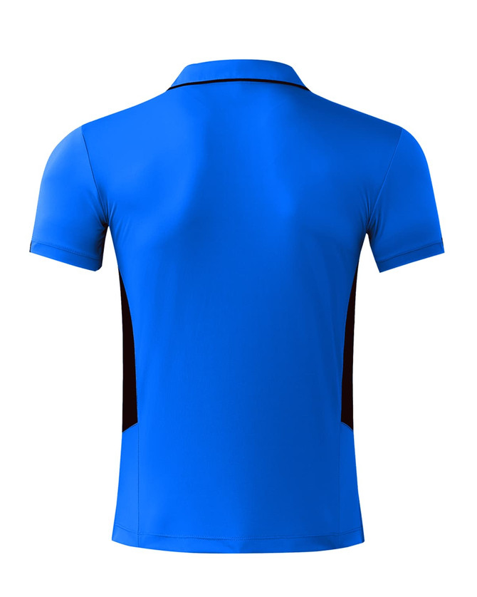 A men's polo shirt in bright blue with black side panels, featuring a logo on the back.