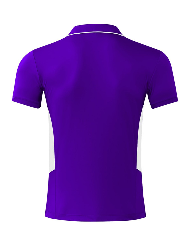 A purple polo shirt with white side panels and a collar, featuring a logo.