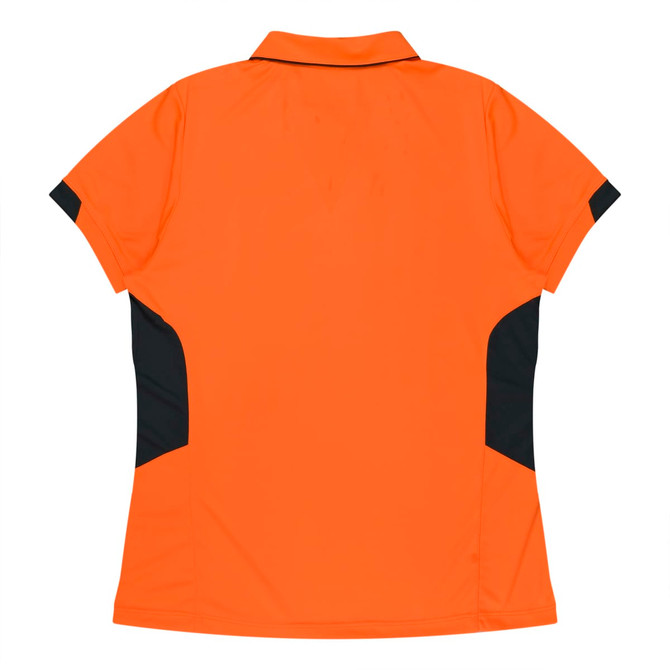 An orange polo shirt with black side panels and a collar. Features a brand logo on the front.
