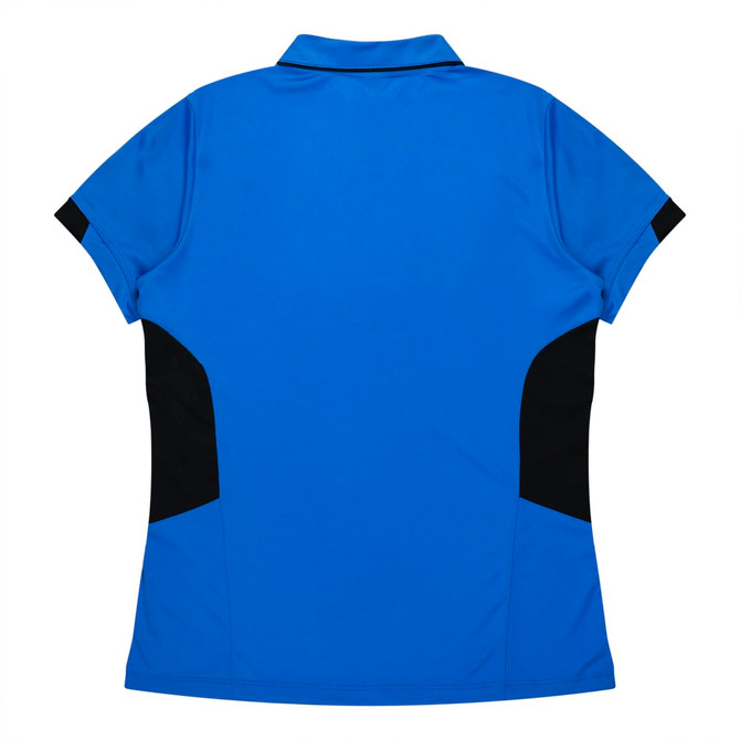 A blue polo shirt with black side panels and a collar, featuring a logo on the back.