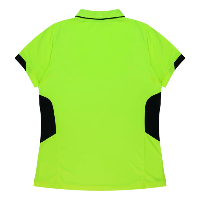 A bright yellow polo shirt featuring black accents on the sides and a collar. It has a logo on it.