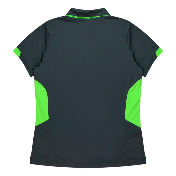 A dark grey polo shirt with green accents on the sides and a collar. The shirt has a brand logo.
