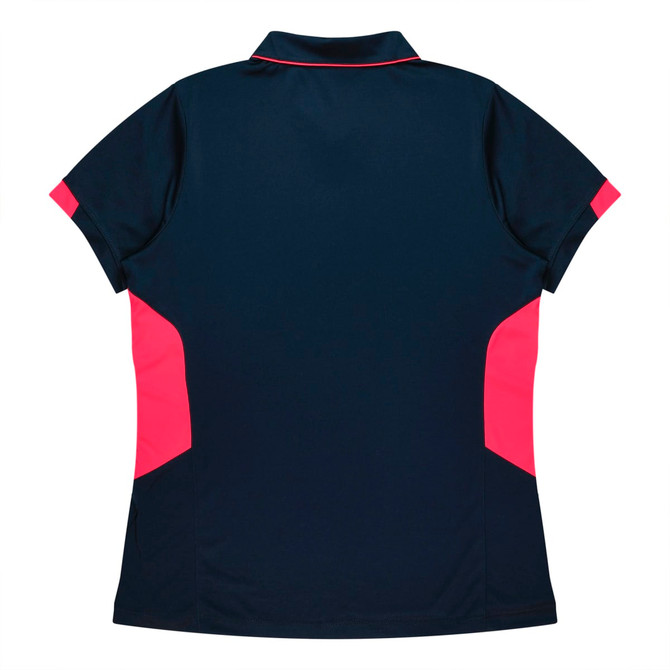 A navy polo shirt with pink side panels and a collar, featuring a logo on the back.