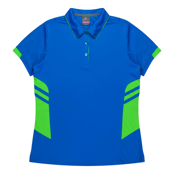A blue polo shirt featuring green accents and a logo. Short sleeves and a classic collar design.