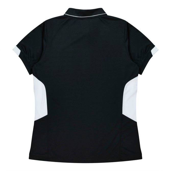 A black polo shirt with white accents and a collar, featuring a logo on the back.