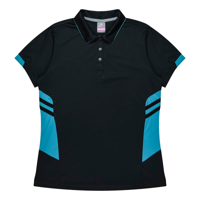 A black polo shirt with light blue accents and stripes, featuring a collar and a logo.