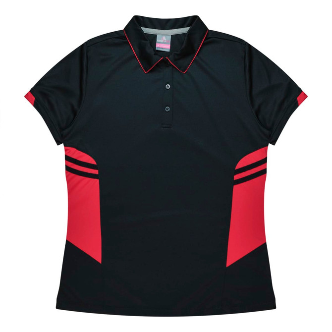 A black and red polo shirt with a collared neckline and short sleeves, featuring a branding logo.