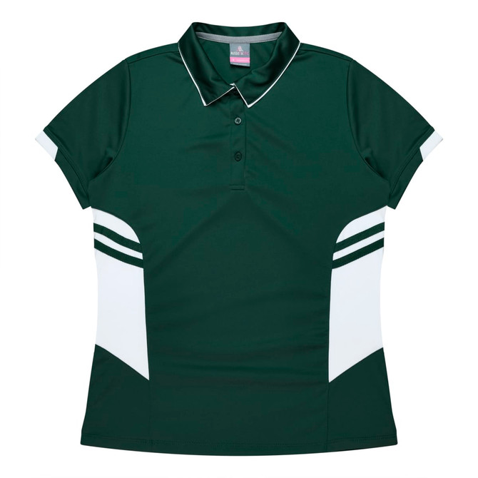 A green polo shirt featuring white accents and a logo. Designed for women, it has a classic collar and buttons.