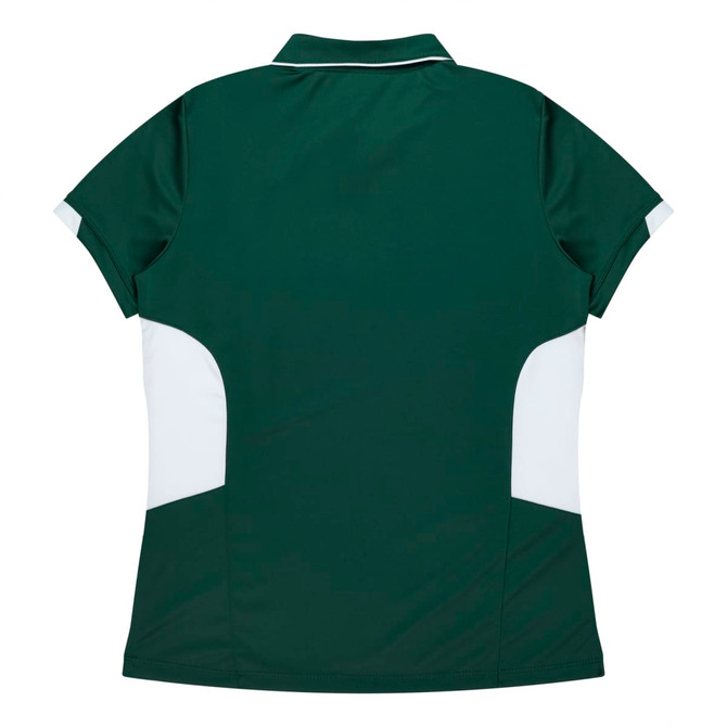 A dark green polo shirt with white accent panels at the sides and a classic collar. Features a logo.