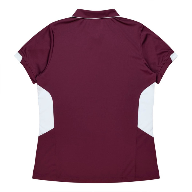 A maroon polo shirt with white panel detailing and a collar, featuring a logo on the design.