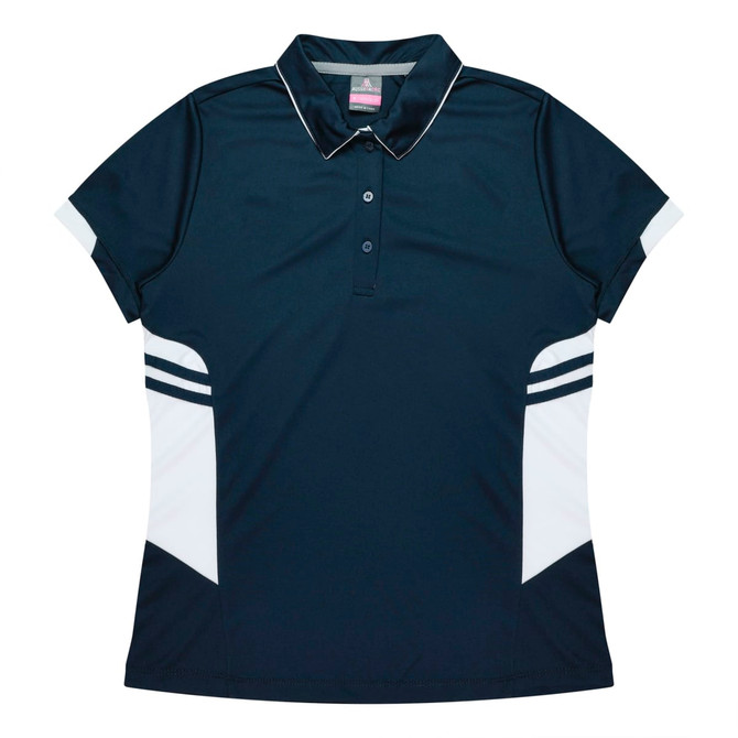 A navy blue polo shirt for women with white accents and a logo. Features a collar and button placket.