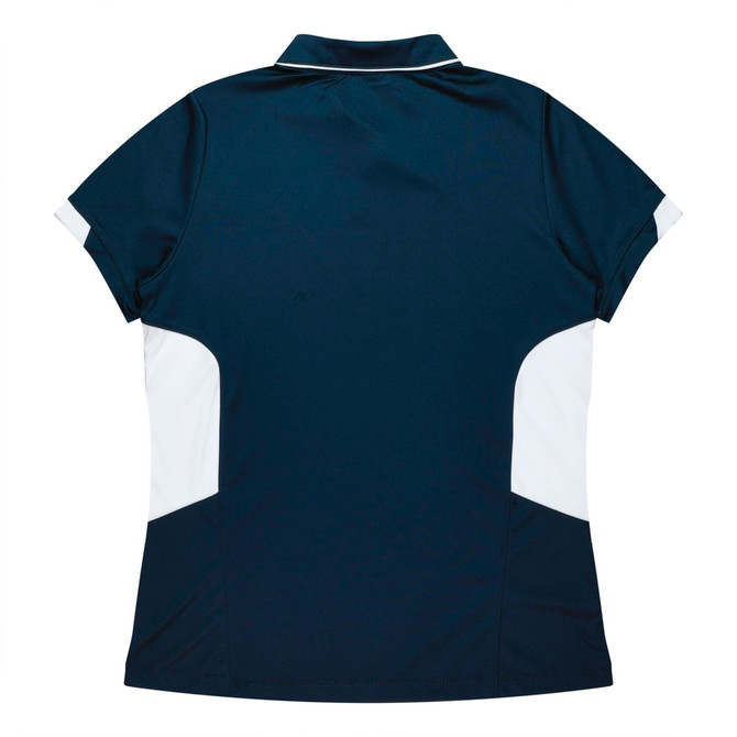 A navy blue polo shirt featuring white accents on the sides and a collar, with a logo present.