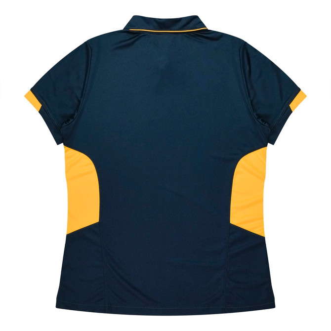 A navy blue polo shirt with yellow side panels and a collar, featuring a logo.