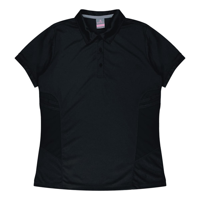 A black women's polo shirt featuring a collared neckline and short sleeves, with subtle design details and a logo.