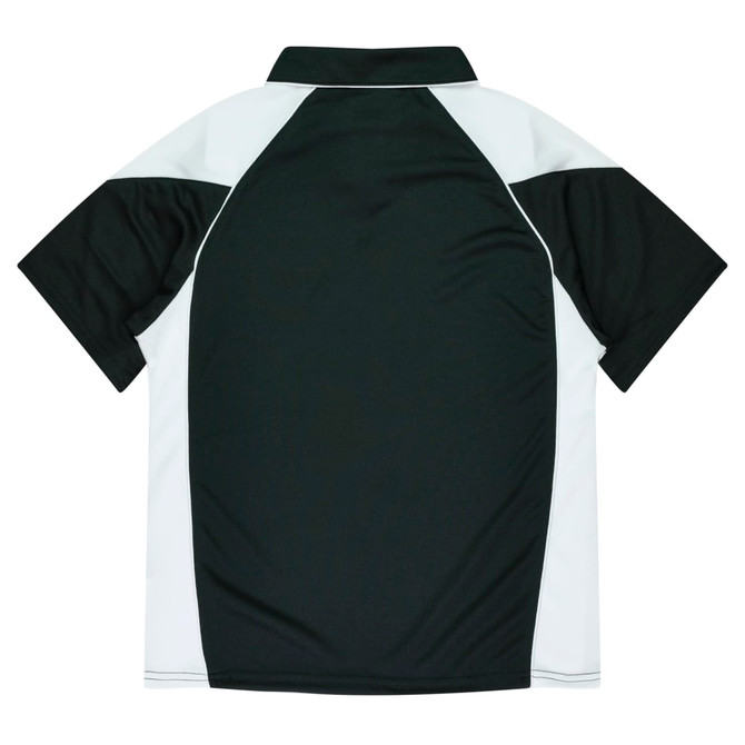 A polo shirt featuring a black body with white accents, including a classic collar and short sleeves.