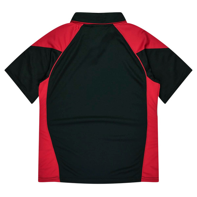 A red and black polo shirt with a collar, featuring a logo on the back.