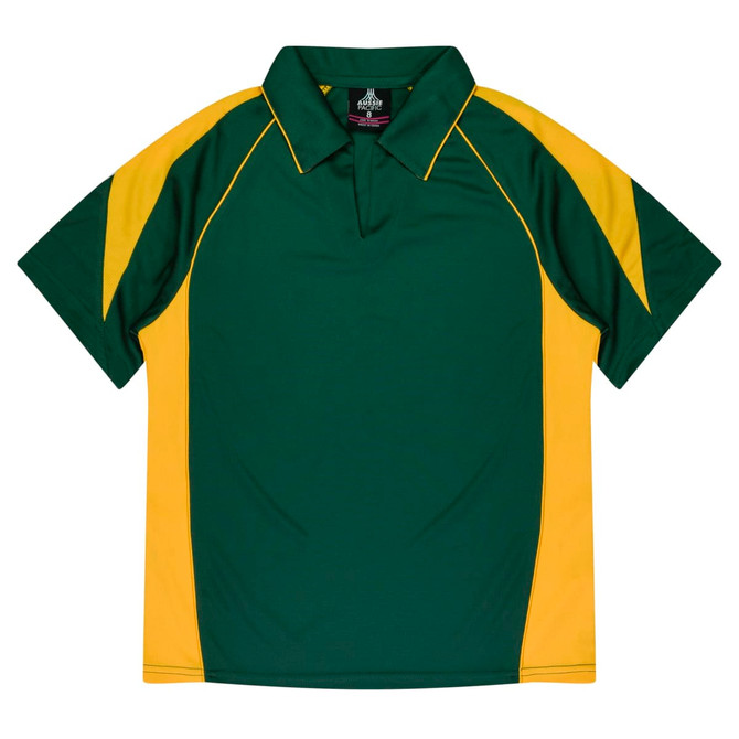 A green polo shirt with yellow accents and a collar, featuring a logo on the chest.
