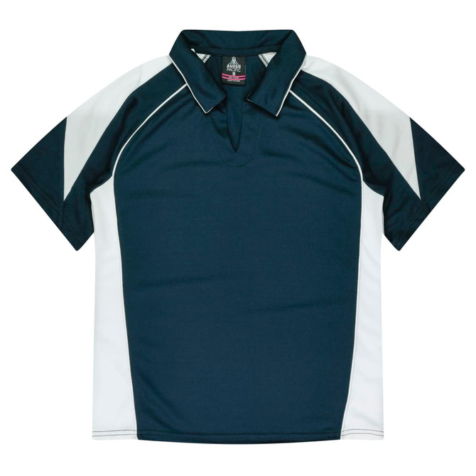 A navy and white polo shirt with a collar and short sleeves, featuring contrasting side panels and a logo.
