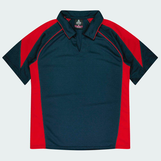 A polo shirt featuring navy and red colours with a logo on the collar area.