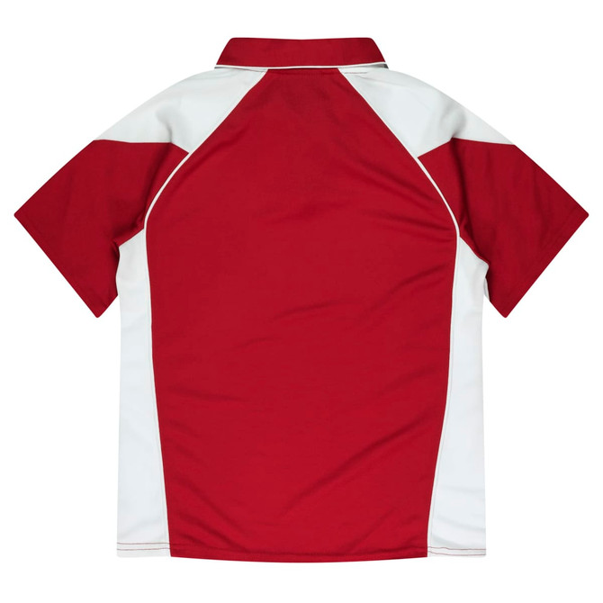 A polo shirt featuring a maroon body with white sleeves and a collar, designed for women. It has a logo.
