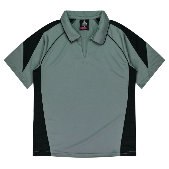 A grey and black polo shirt featuring a collar and short sleeves, with contrasting panels on the sides and shoulders.