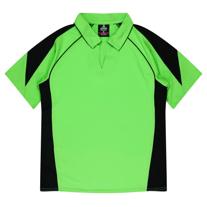 A green and black polo shirt featuring a collar and short sleeves, with a logo on the label.