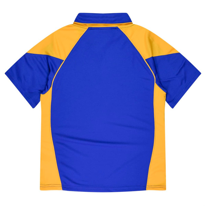 A polo shirt featuring a blue body with yellow accents. It has a collar and a branded logo.