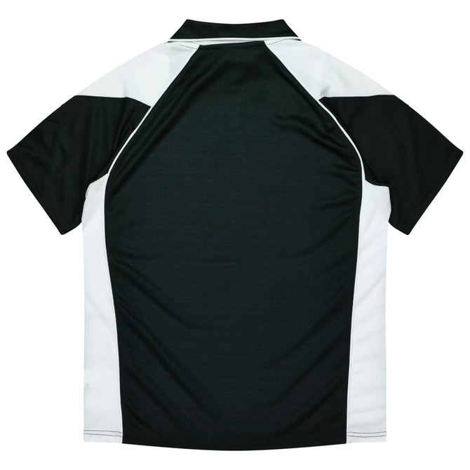 A black and white polo shirt featuring short sleeves and a contrasting design with a logo.