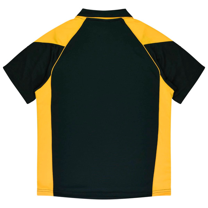 A polo shirt featuring green and yellow panels, designed for kids, with a logo on the front.
