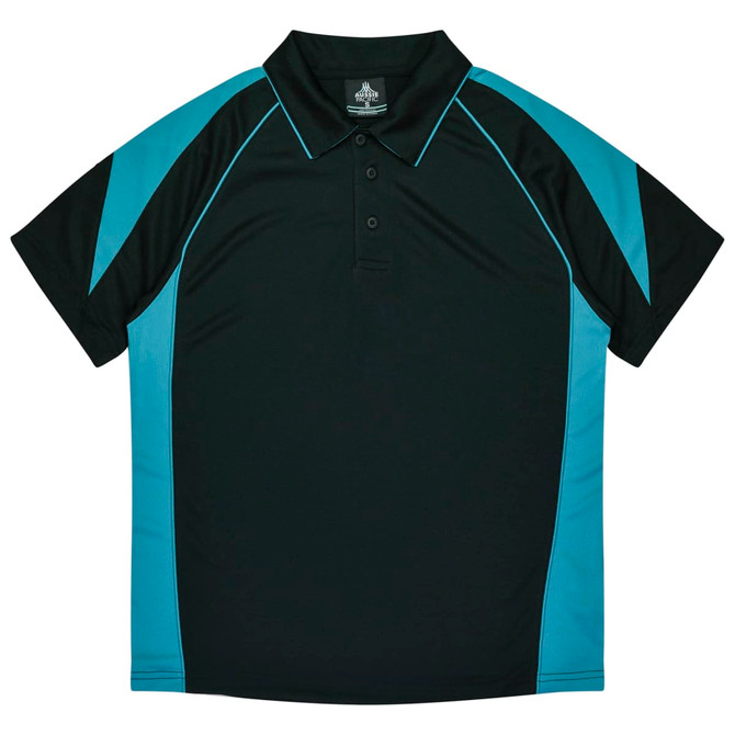 A black and teal polo shirt featuring a collared neckline and short sleeves, with a logo on the label.
