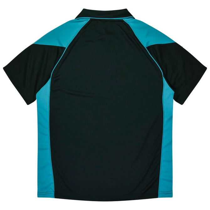 A polo shirt featuring a black body with teal accents and a logo.