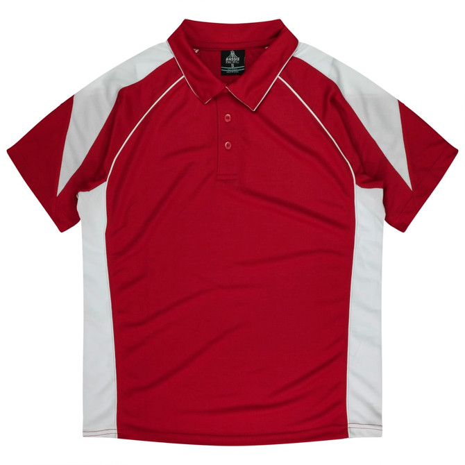 A red polo shirt featuring white side panels and a collar, with a logo on the label.