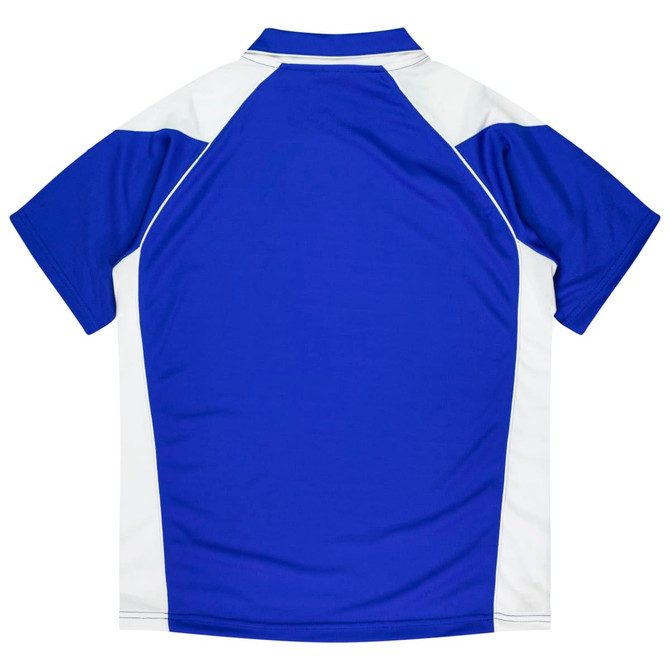 A blue and white polo shirt featuring a branded logo on the back.