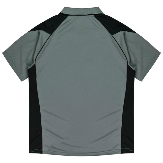 A grey polo shirt with black accents at the shoulders and back, featuring a logo.