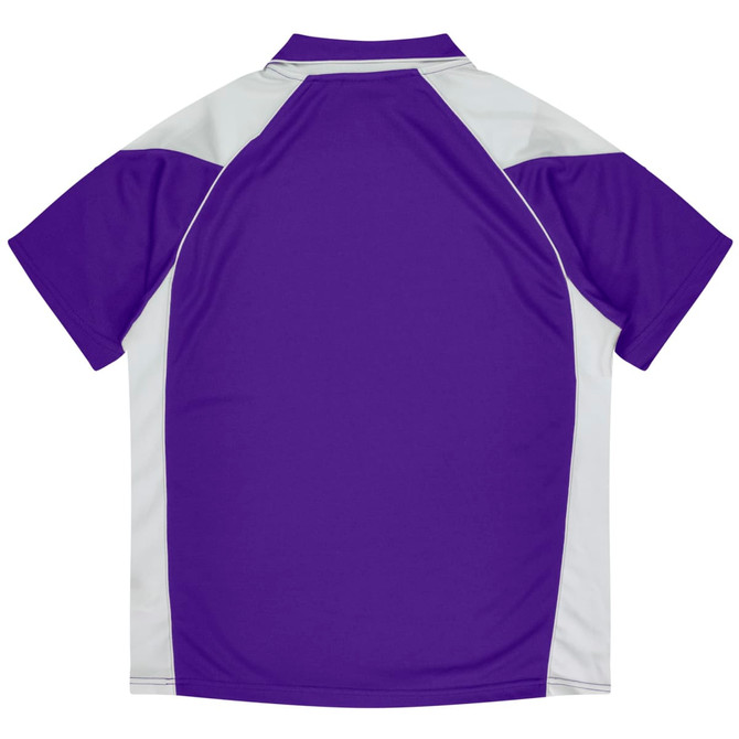 A purple and white polo shirt featuring a logo, designed for kids with a sporty appearance.