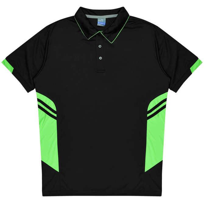 A black polo shirt with neon green accents and stripes on the sides, featuring a collar and buttons.
