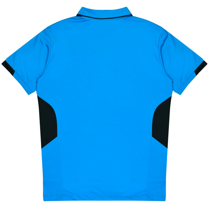 A blue polo shirt with black accents, featuring a logo on the back.