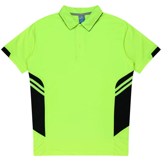 A bright lime green polo shirt with black accents and a logo. Short sleeves and a classic collar design.