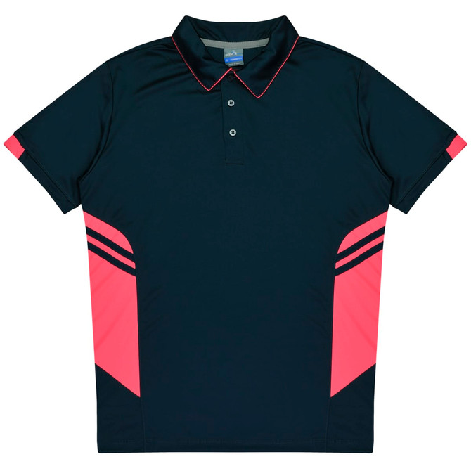 A navy polo shirt with pink accents and stripes, featuring a collar and button placket. It has a logo on the front.