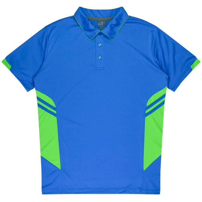 A blue polo shirt with green accents and a collar, featuring a logo on the chest.