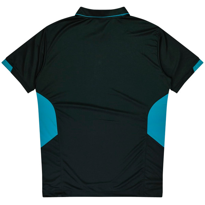 A dark green polo shirt featuring turquoise side panels and a collar. The shirt has a logo on it.