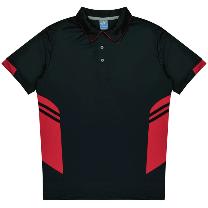 A black and red polo shirt with a collar and three-button placket, featuring a logo on the chest.