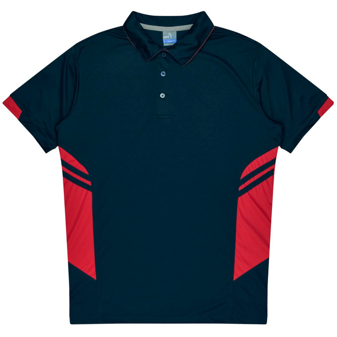 A navy blue polo shirt with red accents and stripes on the sides. Features a collar and buttons, along with a logo.