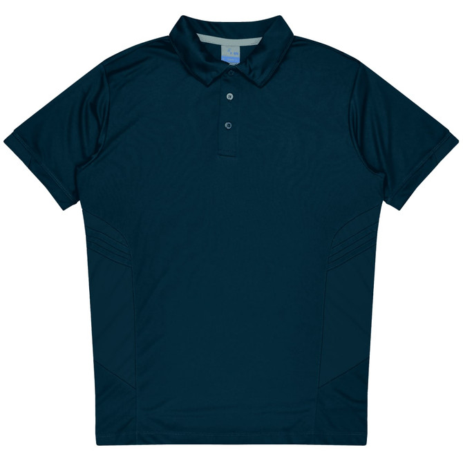 A dark navy polo shirt with a collar and three-button placket, featuring subtle panel details on the sides.