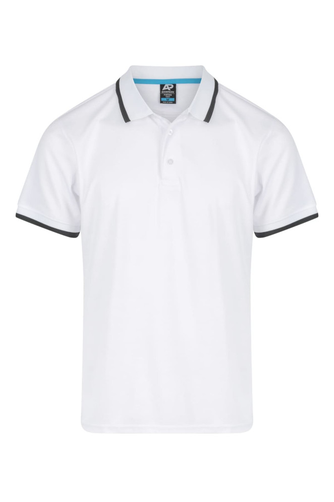 A white polo shirt with black trim and a logo on the label.